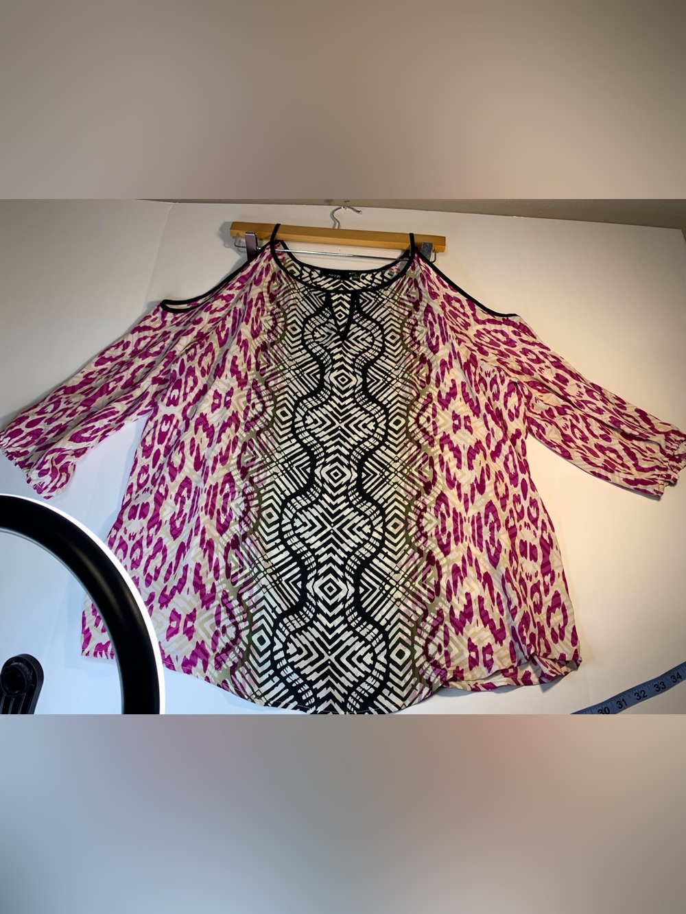 Apt. 9 Pink and Black Cold-Shoulder Printed Blouse
